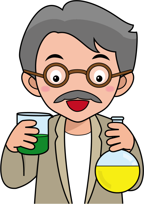理科No16ビーカーとフラスコを持つ先生の実験イラスト